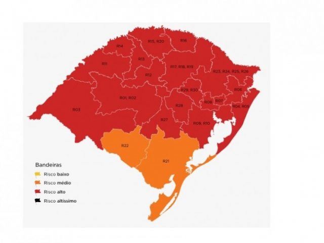 Mapa preliminar aponta 90% das regiões com bandeira vermelha no RS